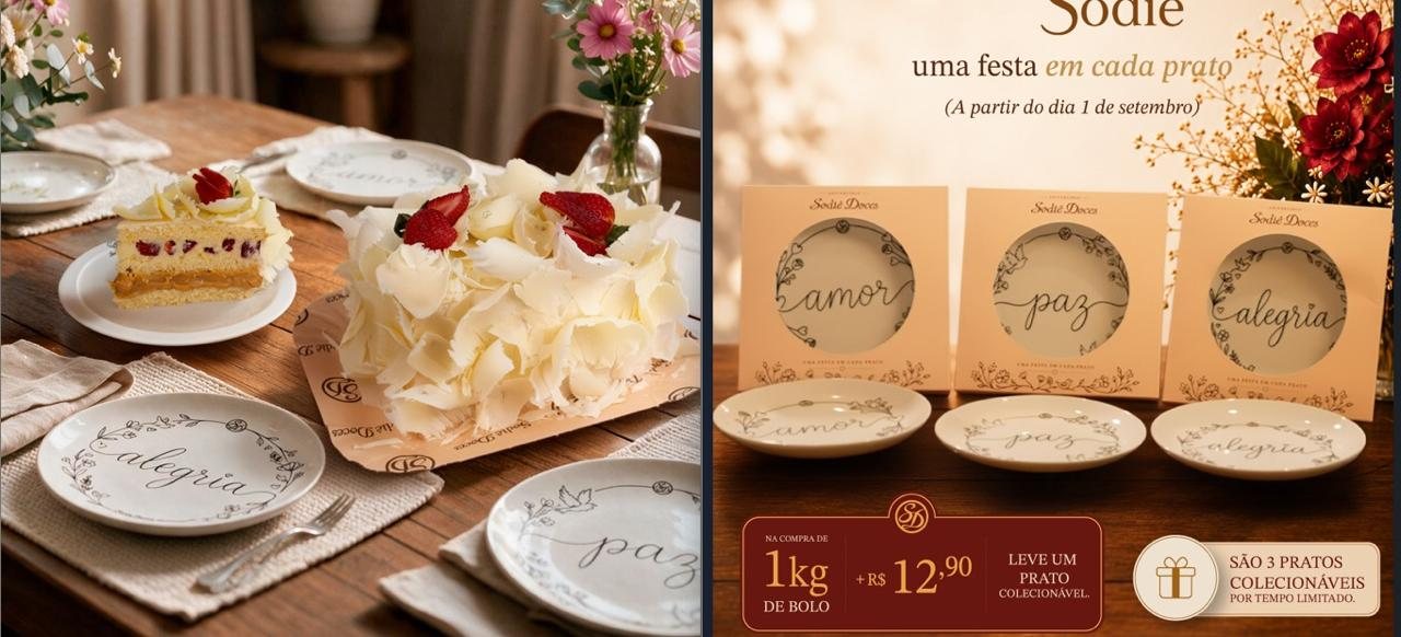 Três pratos colecionáveis Sodiê com as palavras amor, paz e alegria, ao lado de um bolo de chocolate branco.